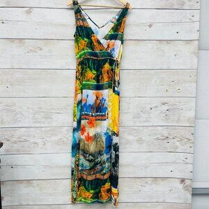 Desigual‎ dress bright safari Africa beach wear size Large V neck Maxi Giraffe